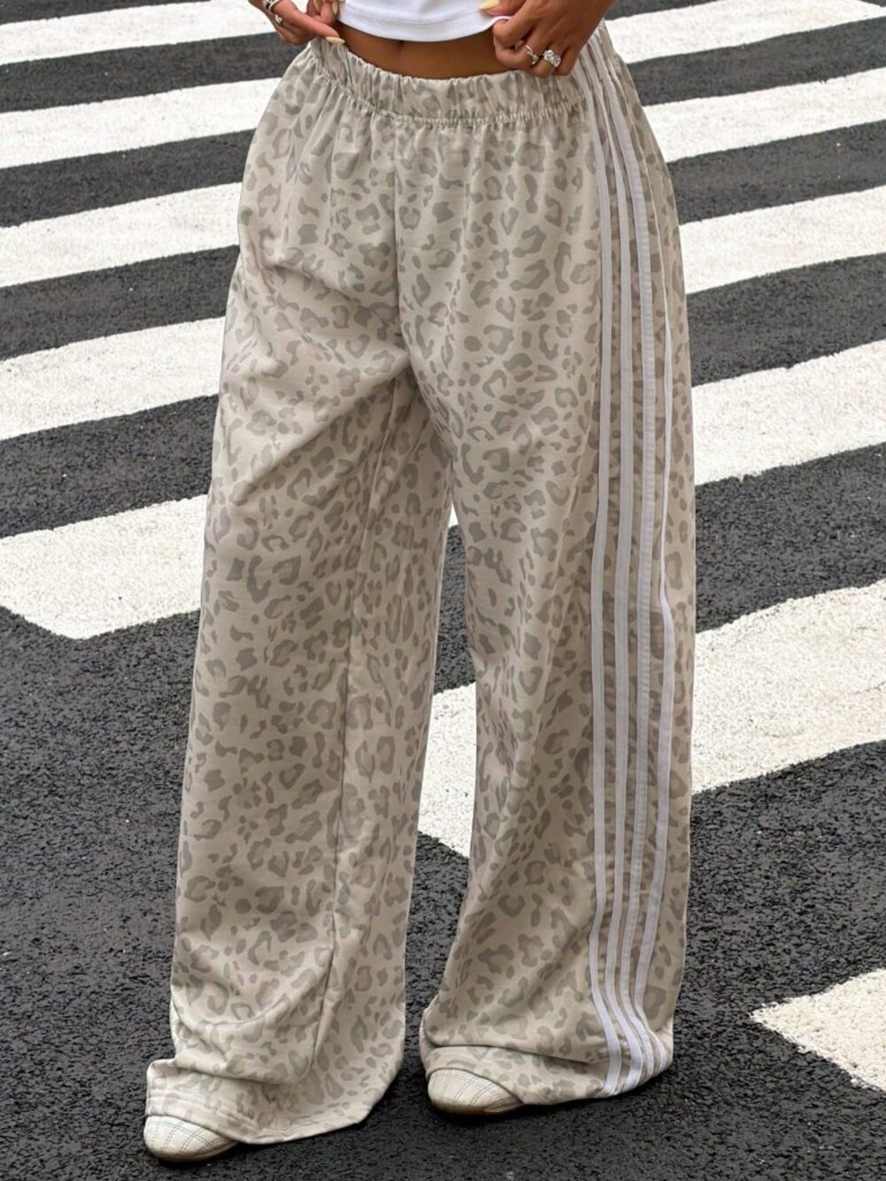 Multicolor Casual Women's Elastic Waist Wide Leg Cheetah Print Sweatpants - Picture 1 of 6